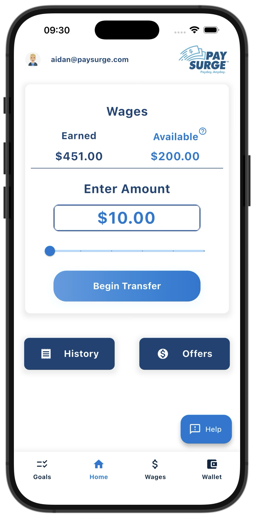 PaySurge app dashboard showing earned wages