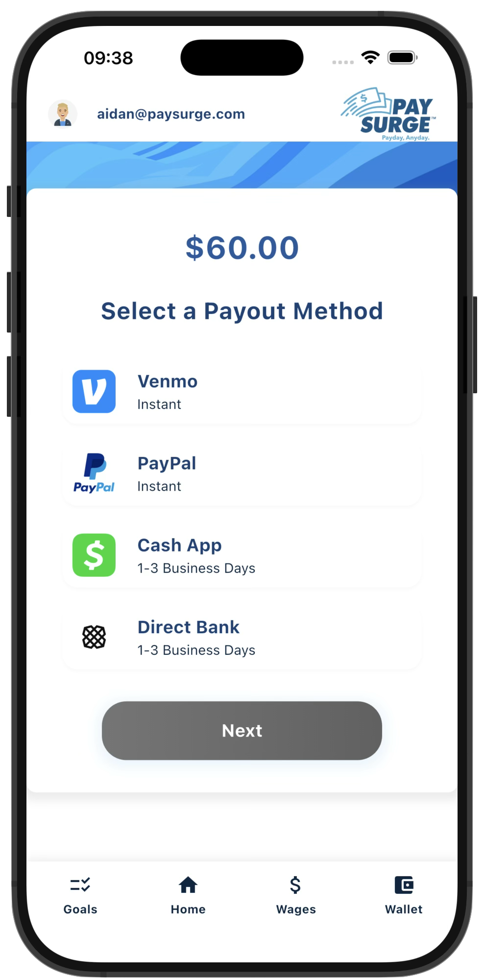 Choose where to send earned wages in the PaySurge app