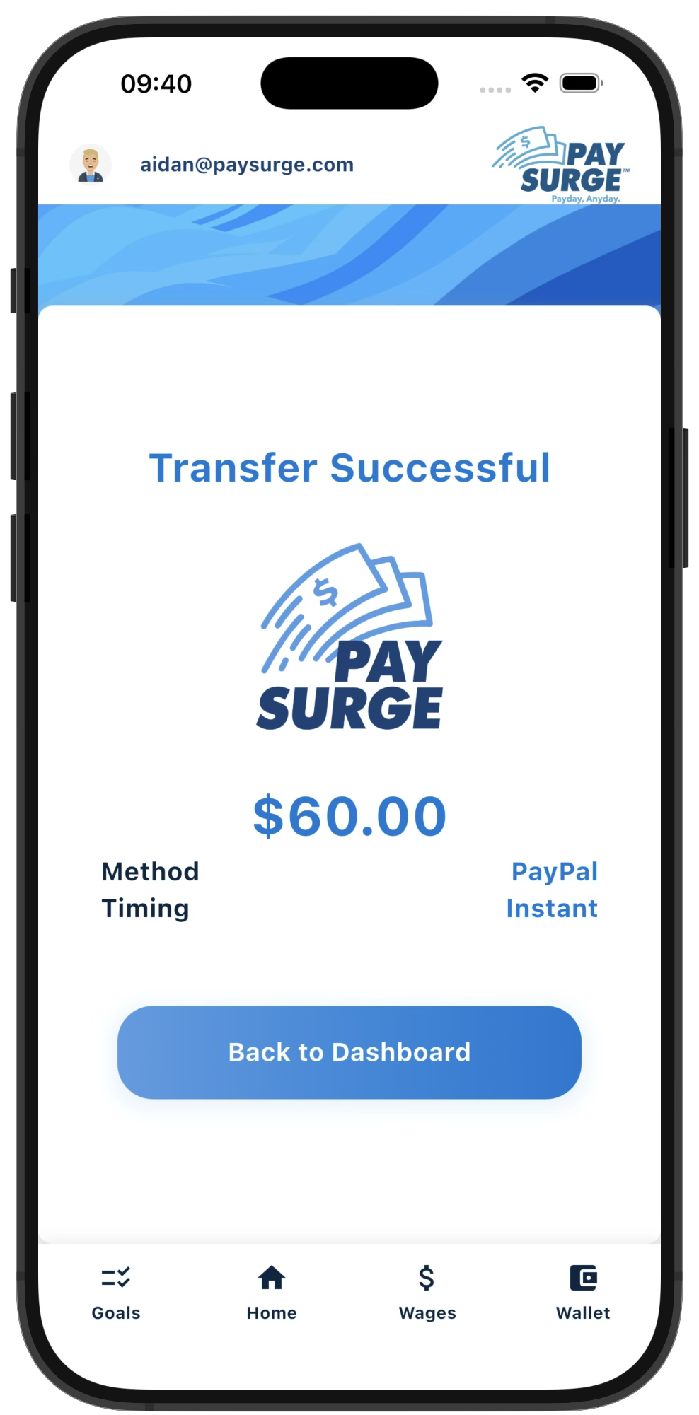 PaySurge app transfer confirmation